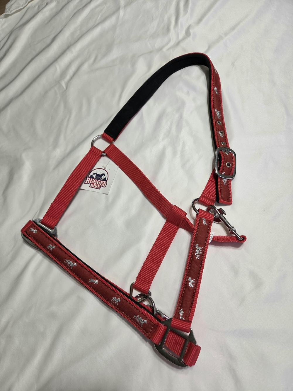 NWT Rugged Ride Running Horse Overlay Padded Nylon Halter Red
